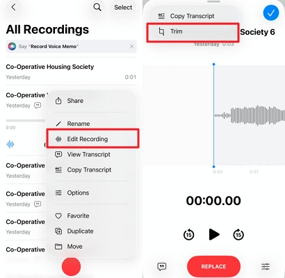choose edit recording for triming