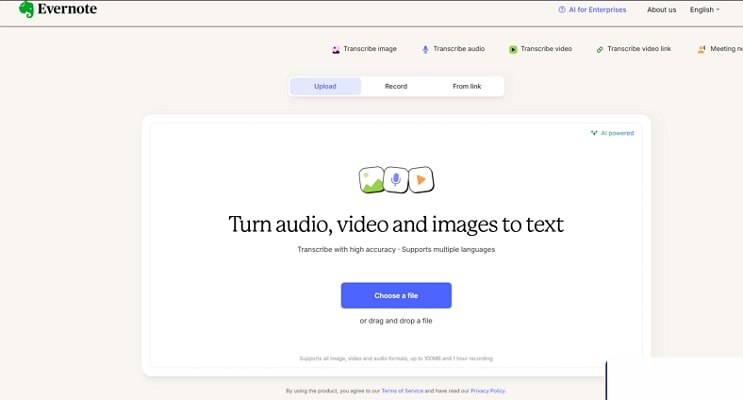 homepage of evernote tool