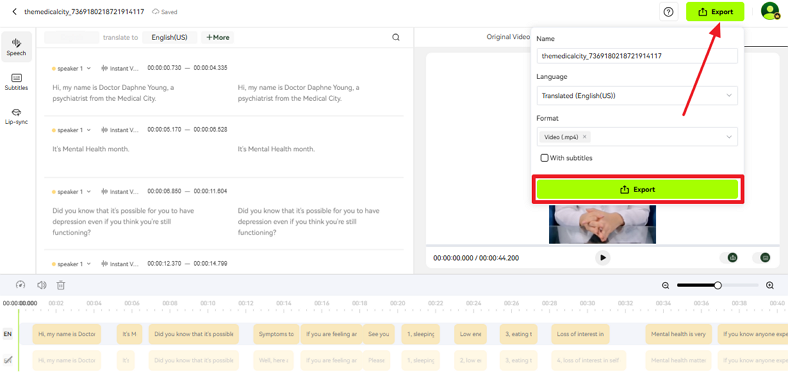adjust settings and click export