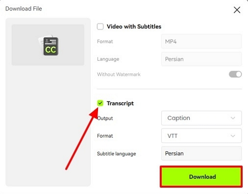 check transcript and tap download button