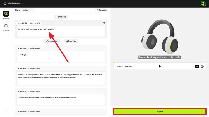 edit captions and export audio
