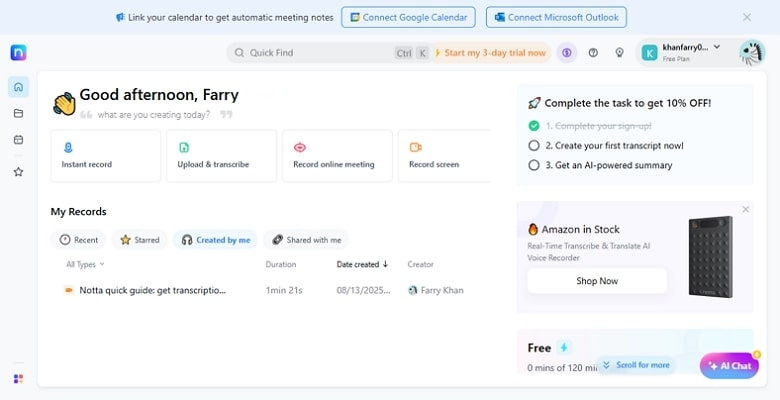 main page of notta transcriber