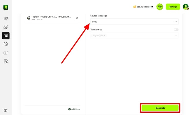 tap generate after choosing source language