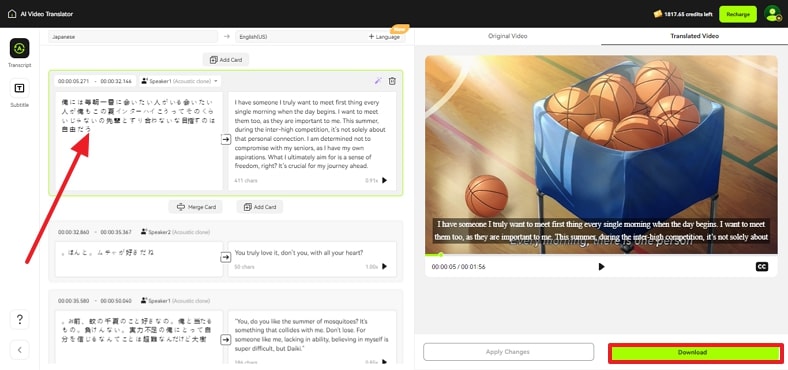 check generated translation free voice to text in japanese online by upload video