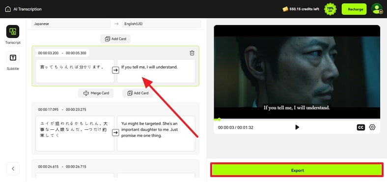 hit export button after reviewing transcription