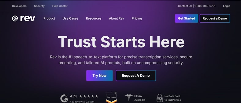 main website screen of rev