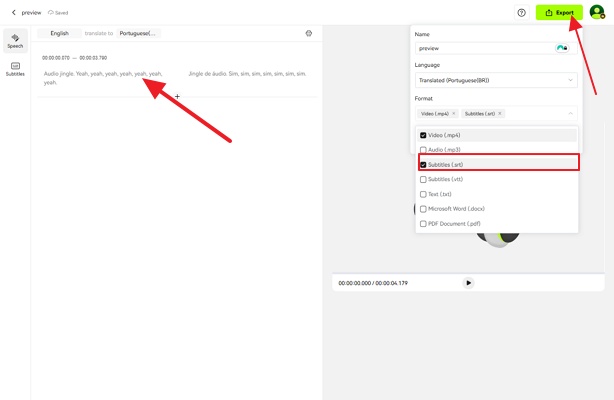 click export to render srt file