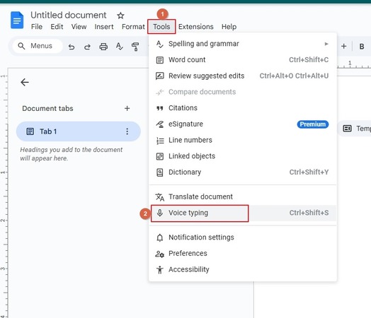 click voice typing and notice each step to see how to do speech to text on google docs
