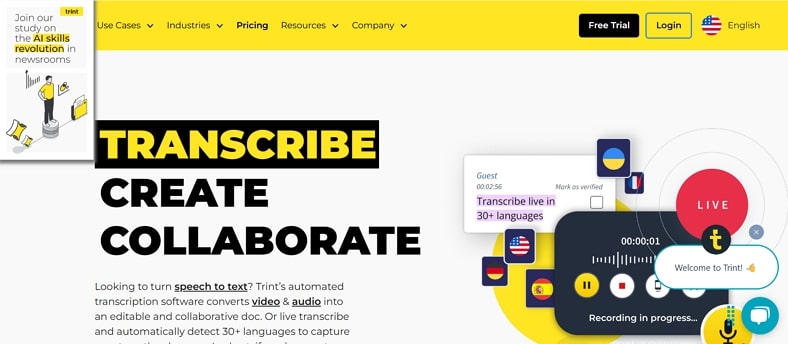 main web screen of trint