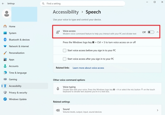 disable voice access pc