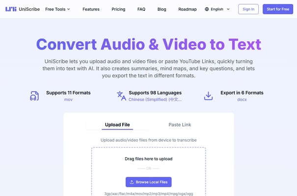 audio translate to text uniscribe
