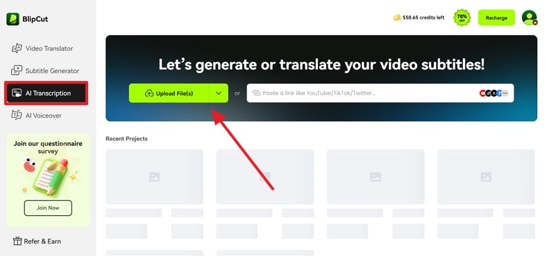 upload file on blipcut ai transcription