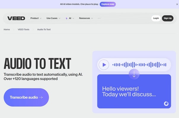 transcribe audio with veed io