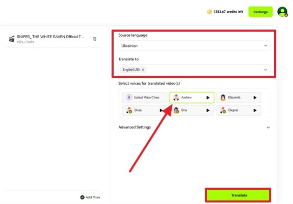 select language parameters for translation