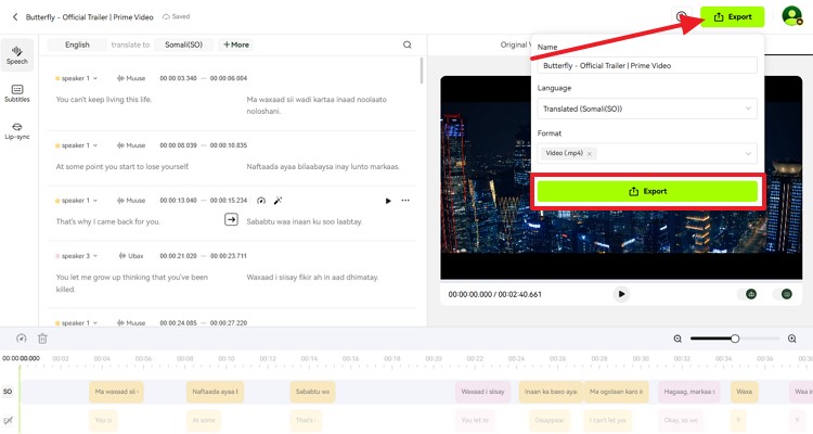 export translated somail video