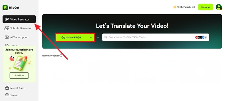 upload file across blipcut