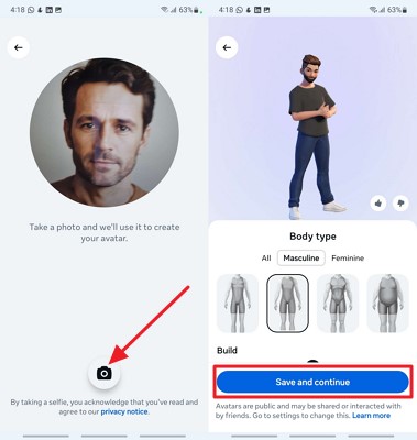 save and continue selfie avatar