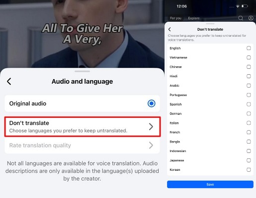 settings for translate video facebook