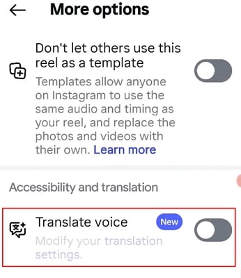 initiate instagram translate voice settings