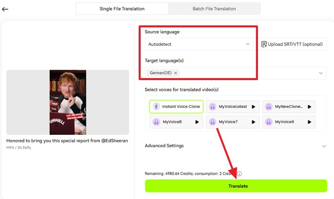 choose language for long video instagram