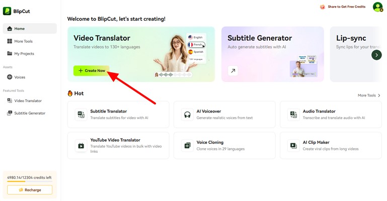 hit create now button translate video