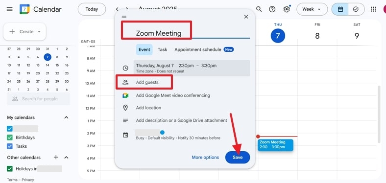 insert event name and add guests