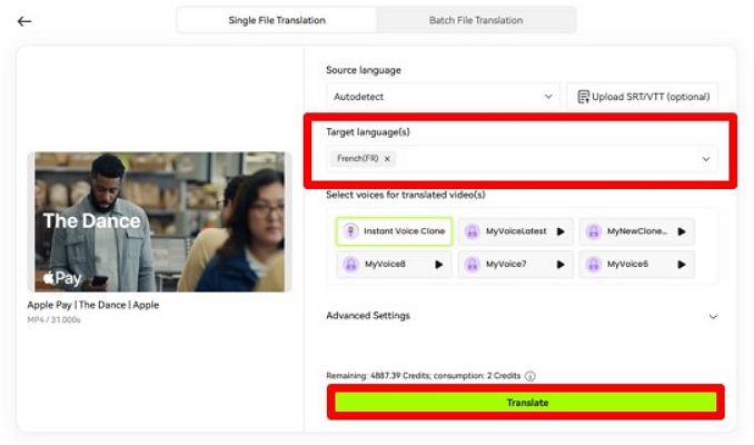 pick target language and hit translate