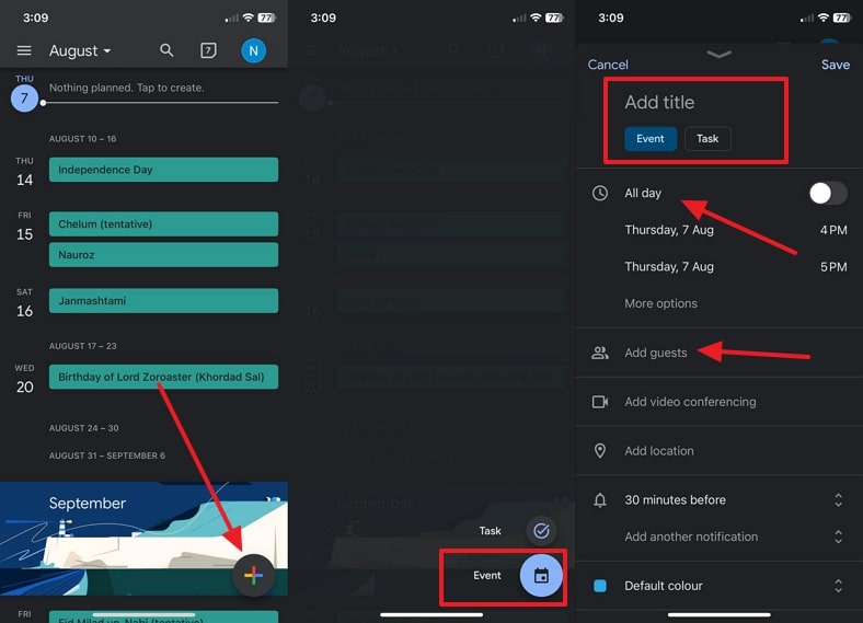 create event and date mobile