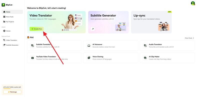 click create now blipcut video translator