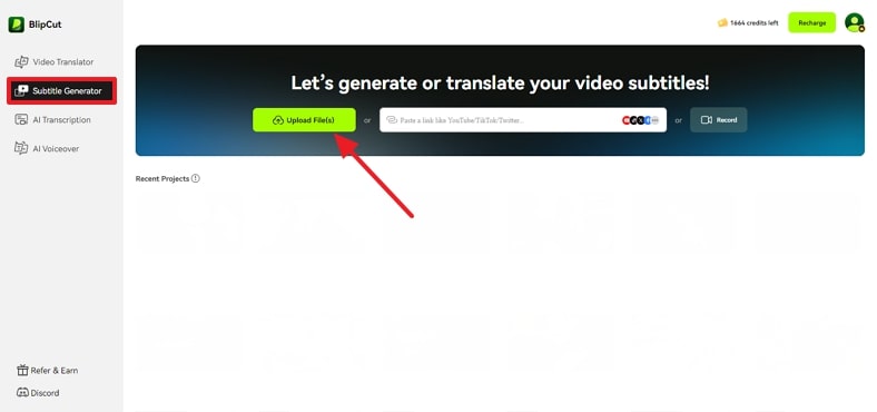 upload file on blipcut subtitle generator