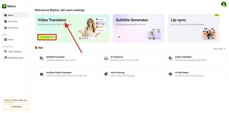 create now after choosing video translator