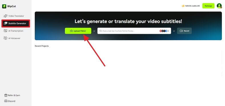 access the subtitle generator feature of blipcut