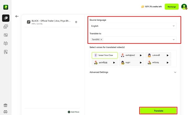 select language and proceed to translate