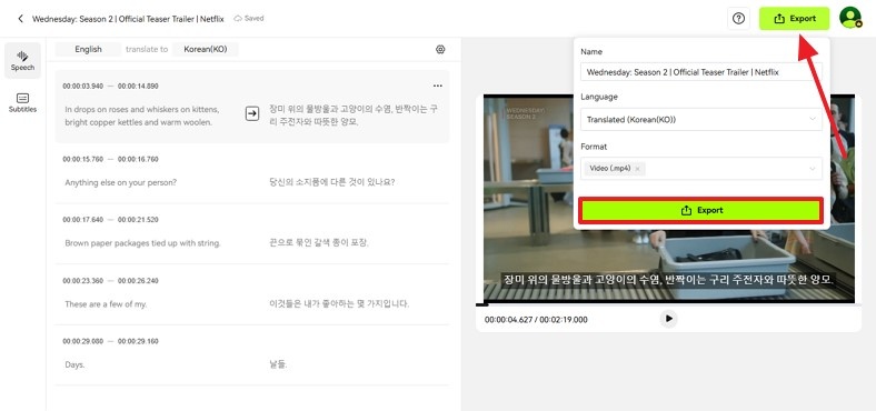 export translated movie from blipcut