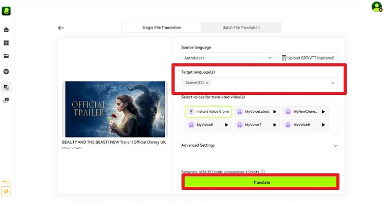 translate movie target language spanish