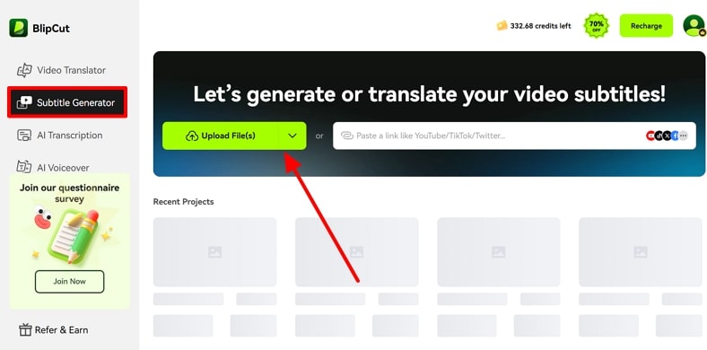 proceed with subtitle generator of blipcut