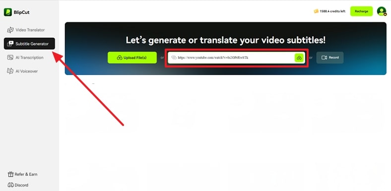 upload file in blipcut subtitle generator