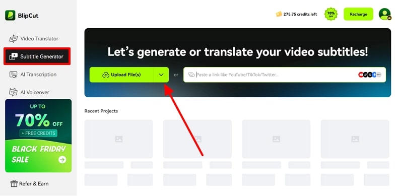upload subtitles across blipcut