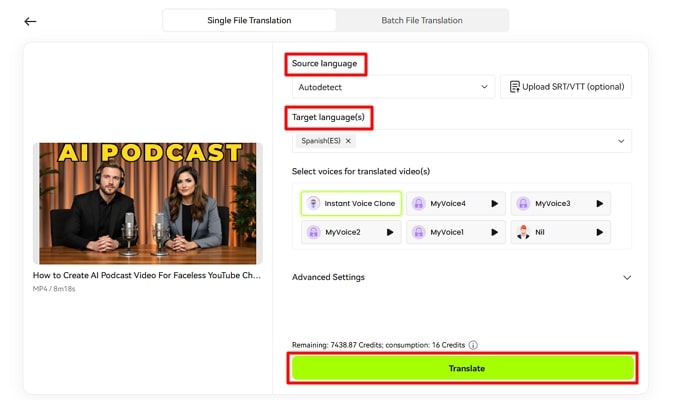 generate translated podcast with language