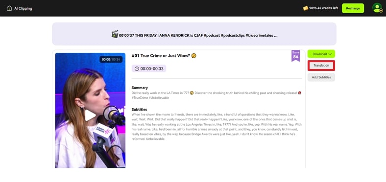 continue to translate clipped video