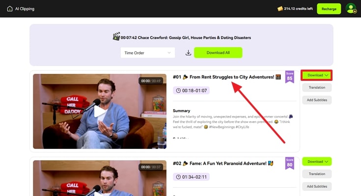 use download button next to clips