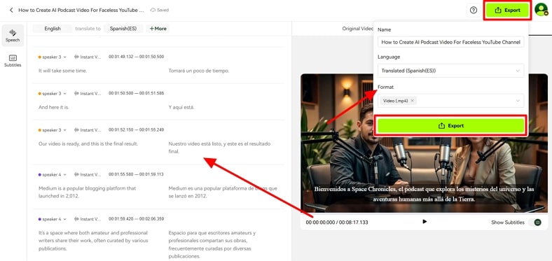 choose format and export podcast