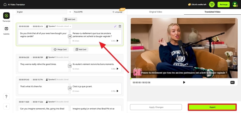 preview translation and proceed to export