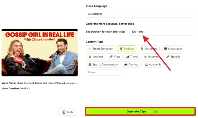 set duration and tap generate clips