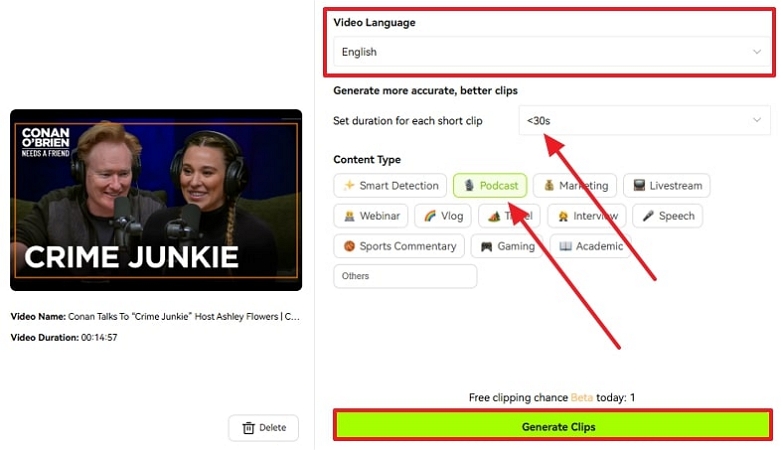 alter clip settings and generate clips