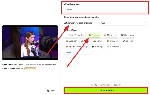 set clip duration type and language