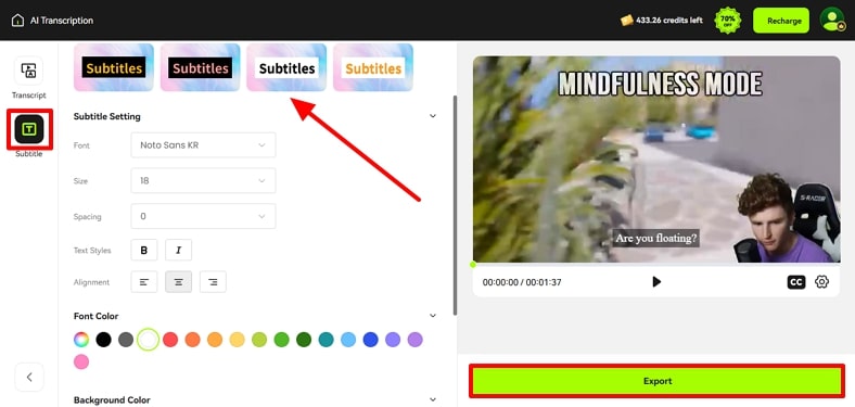 change and export transcription blipcut