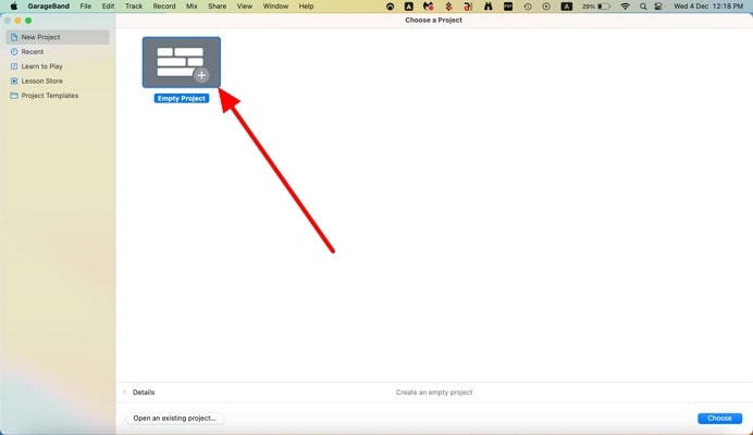 click empty project on garageband