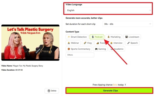 define podcast clip settings blipcut