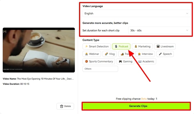 tap on generate clips